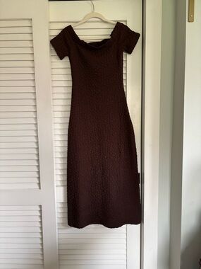 English Factory Chocolate Brown Off-Shoulder Midi Dress